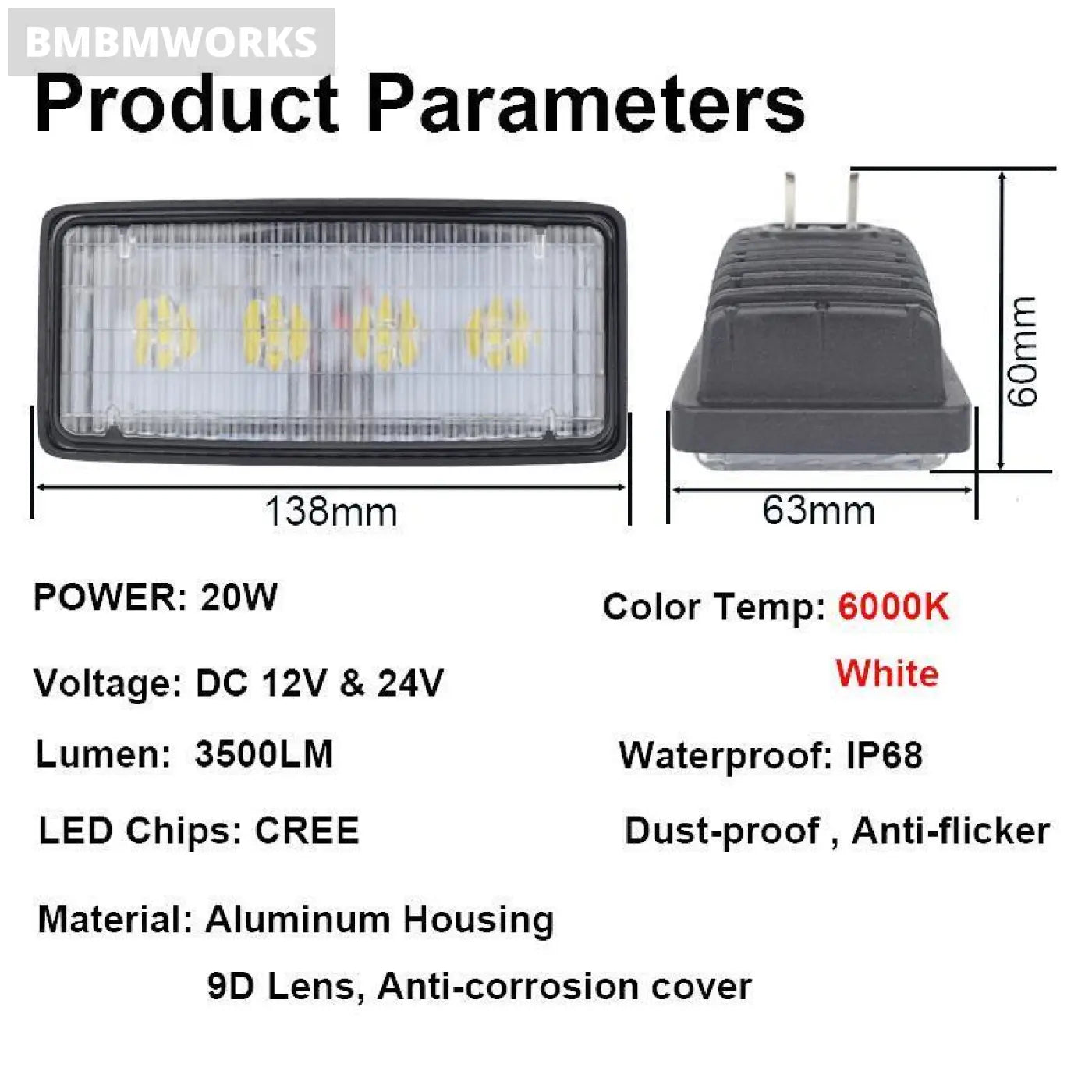 20W Led Light Work Lamp Flood Waterproof Zetor John Deere Vehicles Tractor