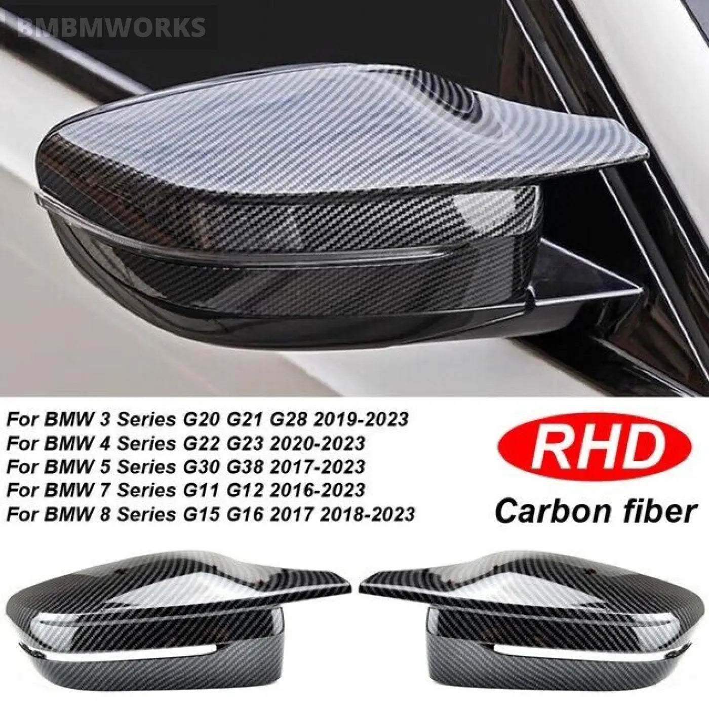 2X Rhd Carbon Fiber Look Mirror Cover Caps Bmw G20 G21 G30 G22 G23 G11 G12 G15