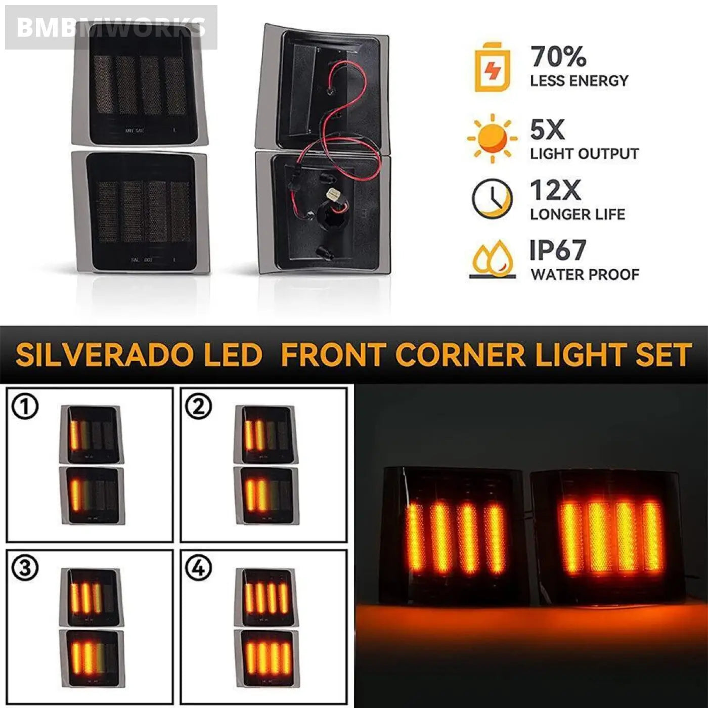 4Pcs Dynamic Side Corner Light Chevy C/K Pickup Truck 1500 2500 3500 Tahoe 1994