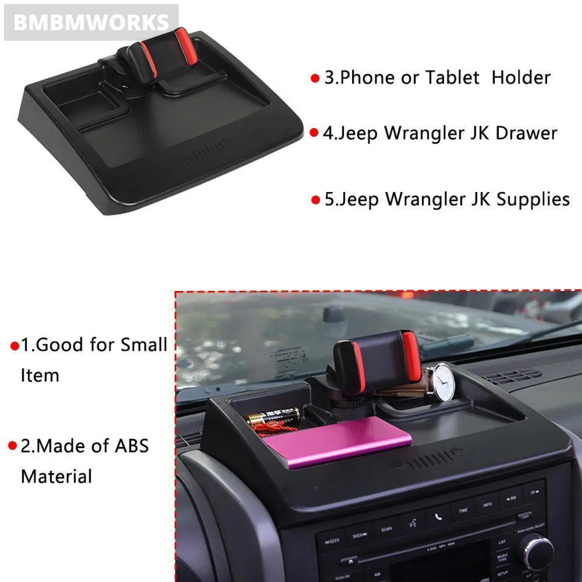Phone Holder Stand Dashboard Storage Box Jeep Wrangler Jk 2007-2011